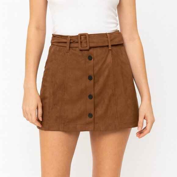 Forever 21 Brown Suede Mini Skirt Size Small Belt Button Front - Picture 1 of 6